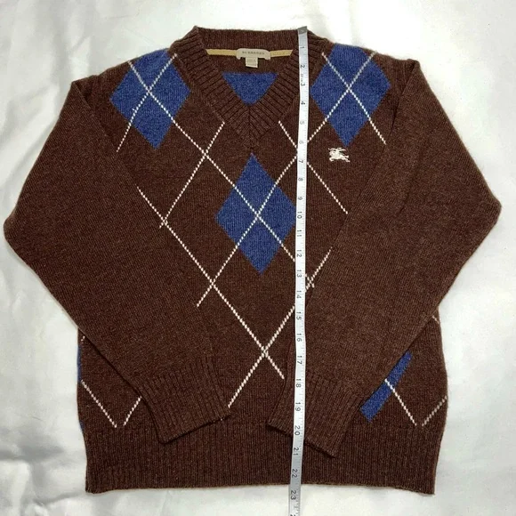 Burberry Youth Argyle V-Neck Sweater Cotton Brown Blue Diamond Striped Size 12Y - Picture 9 of 13